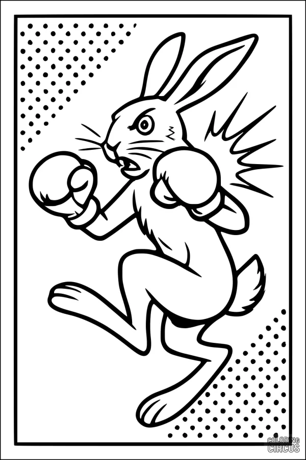 Coloring page featuring a cartoon hare wearing boxing gloves in action pose