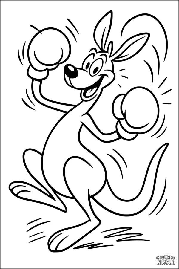 Coloring page of a cartoon kangaroo wearing boxing gloves, bouncing energetically