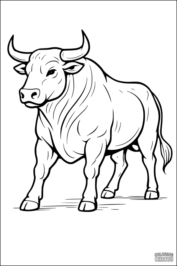 Coloring page of a strong bull standing proudly with large horns, cartoon style