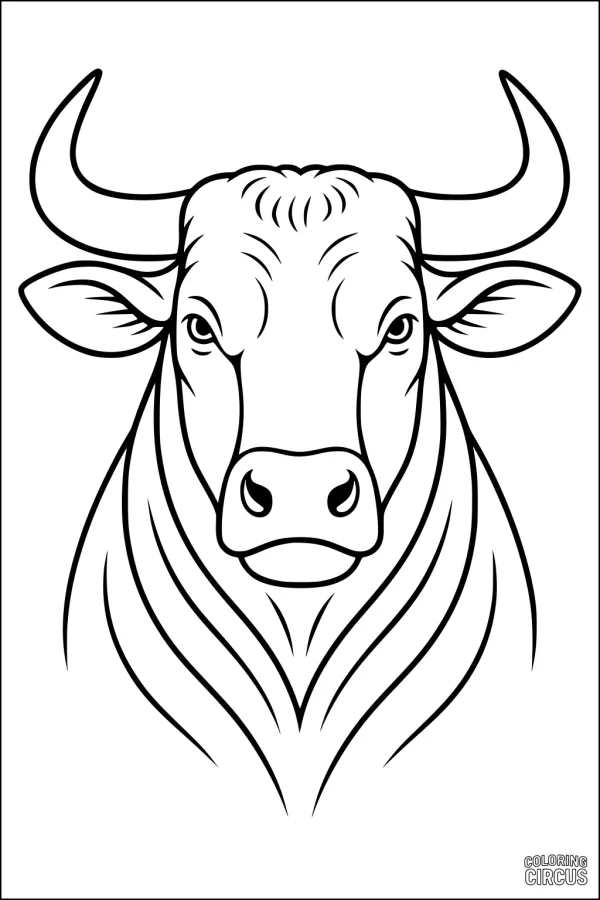 Coloring page featuring a detailed bull face with large horns and a calm expression, suitable for kids