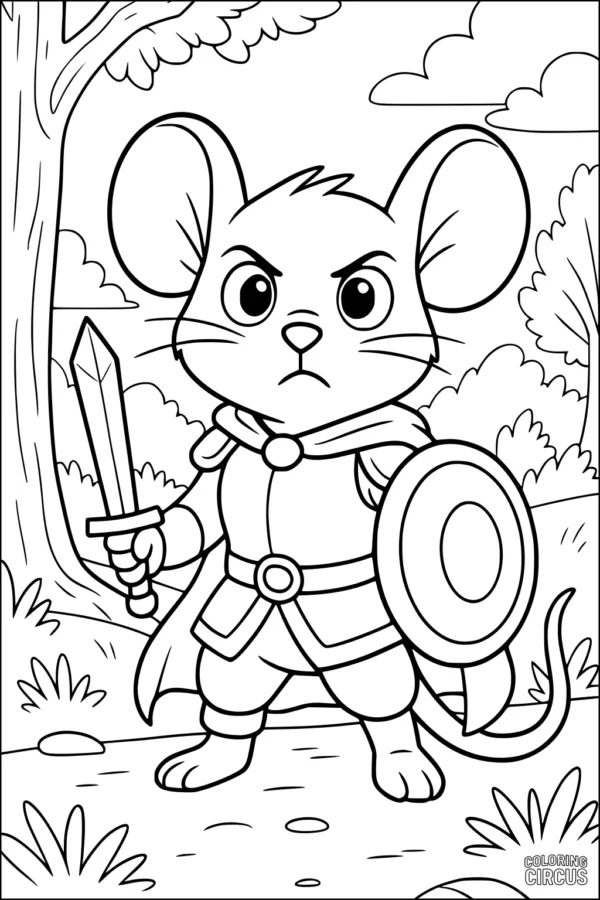 Coloring page features a cartoon mouse dressed as a knight with a sword and shield standing in a forest