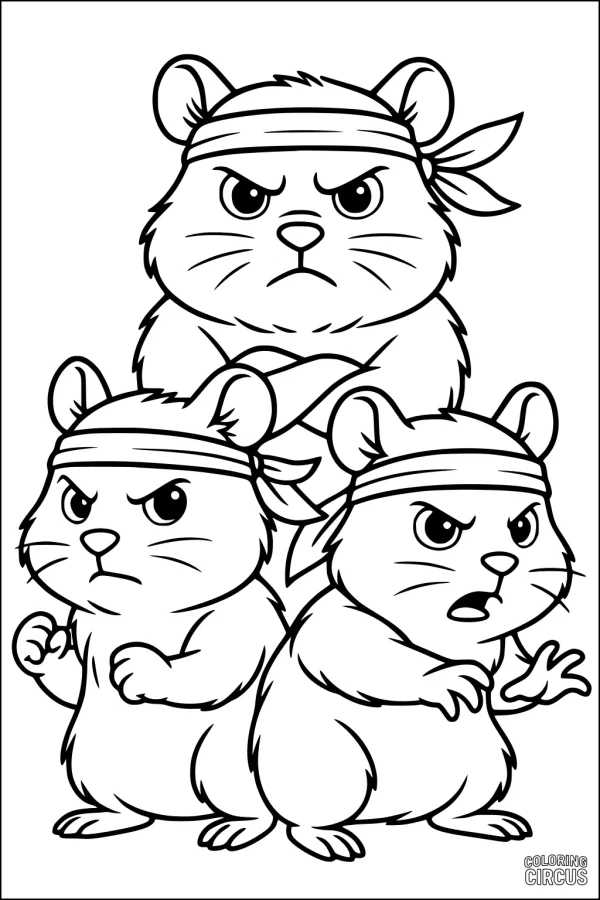 Coloring page featuring three cartoon hamsters with headbands and bold expressions