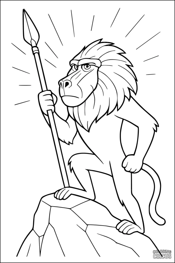 Coloring page showing a cartoon baboon with a spear on a mountain summit under radiant sunbeams