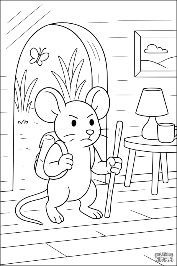 Coloring page featuring a cartoon mouse with a backpack and stick standing in a doorway with a table, lamp, picture, and butterfly