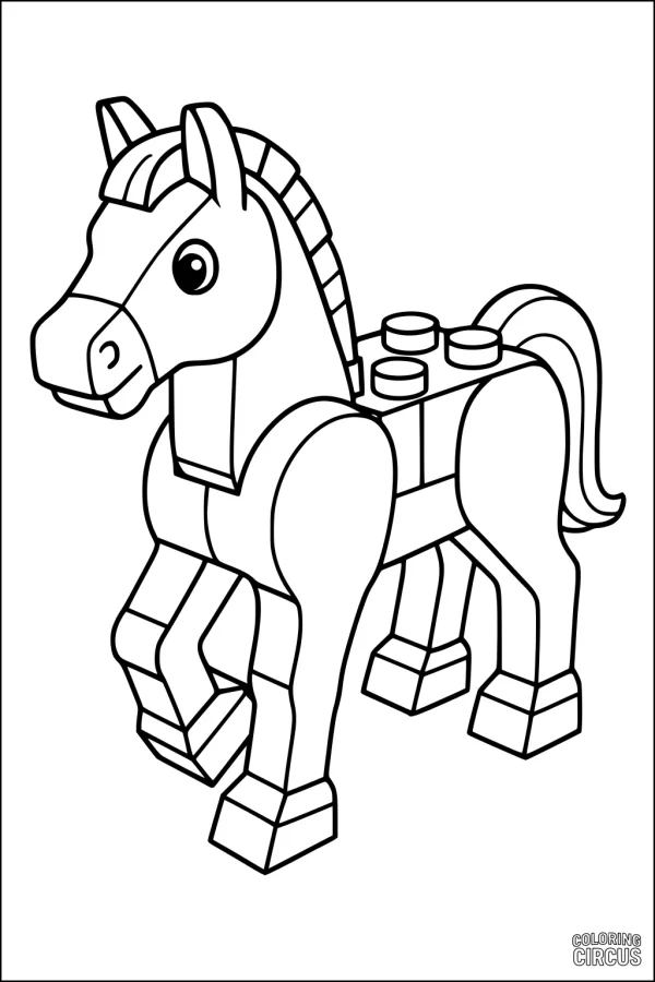 Coloring page featuring a cute horse made of building bricks