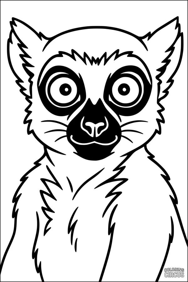 Coloring page of a cartoon lemur with big eyes and furry details for children