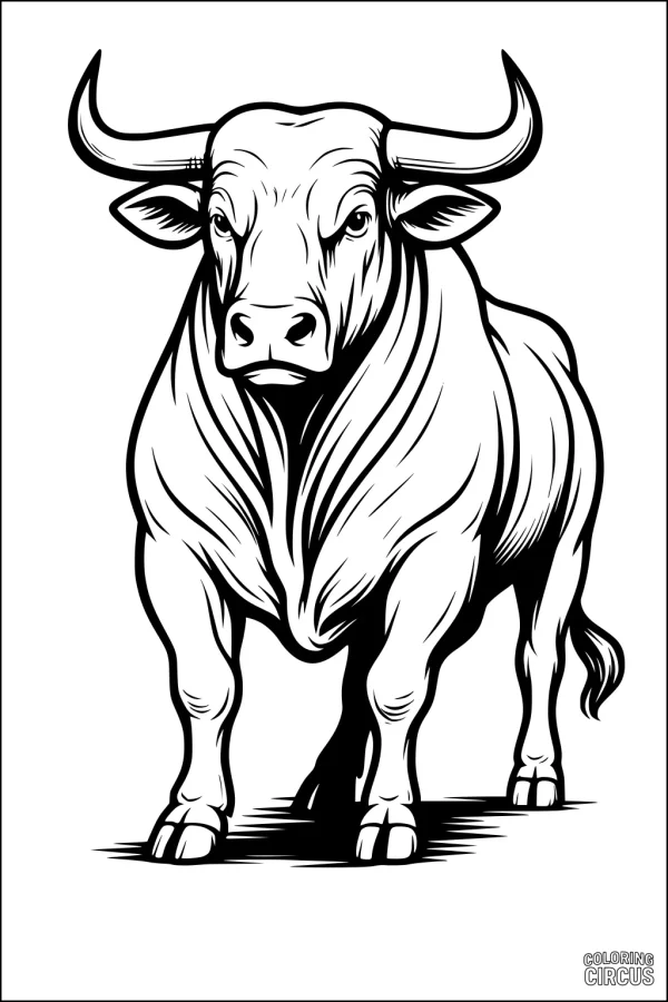 Coloring page of a strong bull with prominent horns in a cartoon style, front facing.