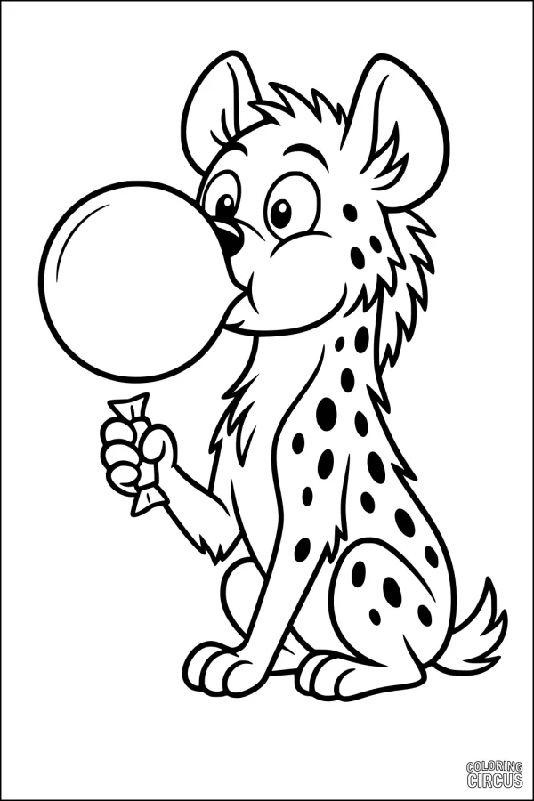 Coloring page of a cute cartoon hyena blowing a big bubble with bubblegum