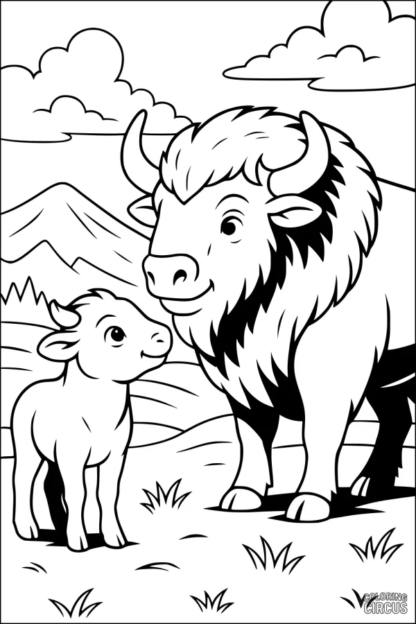 Coloring page featuring a buffalo and calf standing in a grassy meadow with mountains and clouds in the background