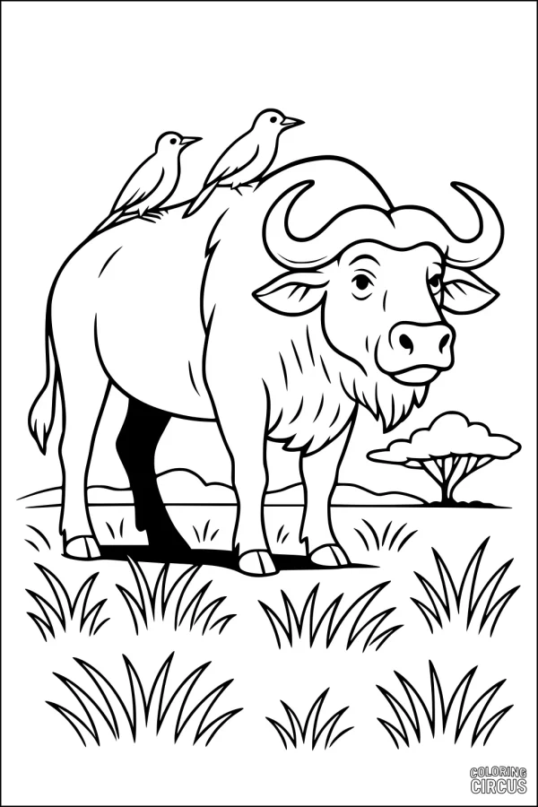 Coloring page featuring a buffalo with two birds on its back standing in grassy plains with a tree
