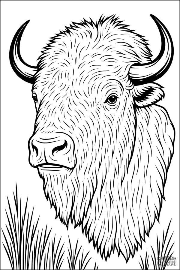 Coloring page showing a buffalo with shaggy fur and large curved horns, surrounded by prairie grass