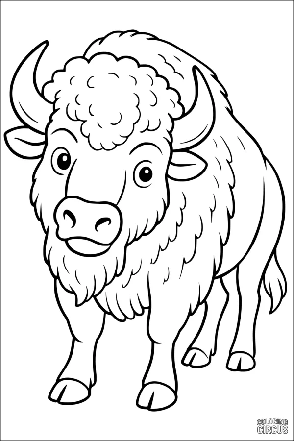 Coloring page showing a friendly cartoon buffalo standing and looking forward, great for young children