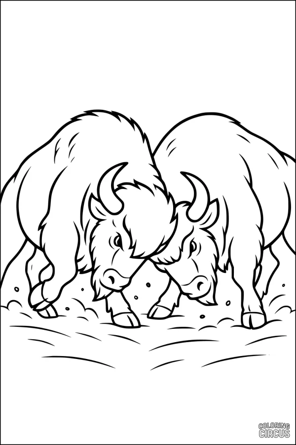 Coloring page featuring two buffalo butting heads on a prairie
