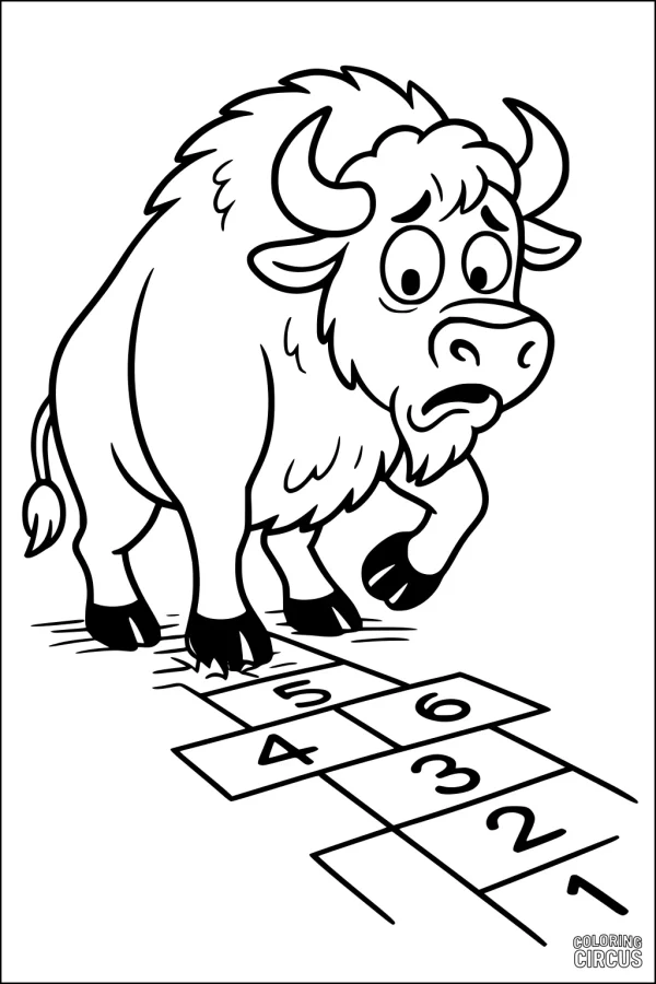 Coloring page featuring a cartoon buffalo trying to play hopscotch on a numbered playground grid