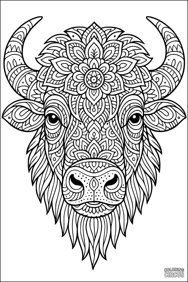 Coloring page showing a detailed mandala buffalo head with floral and geometric tribal patterns