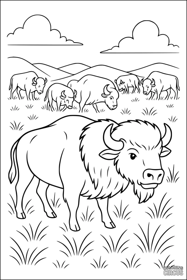 Coloring page featuring a herd of buffalo grazing in a grassy meadow with hills and clouds in the background