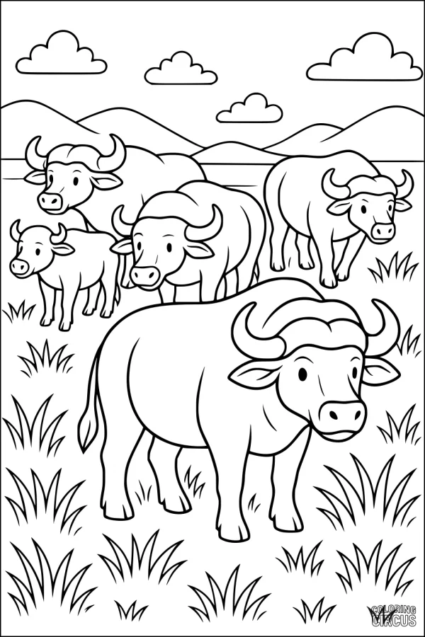 Coloring page showing a cute buffalo herd standing on grassy plains with clouds and hills in the background.