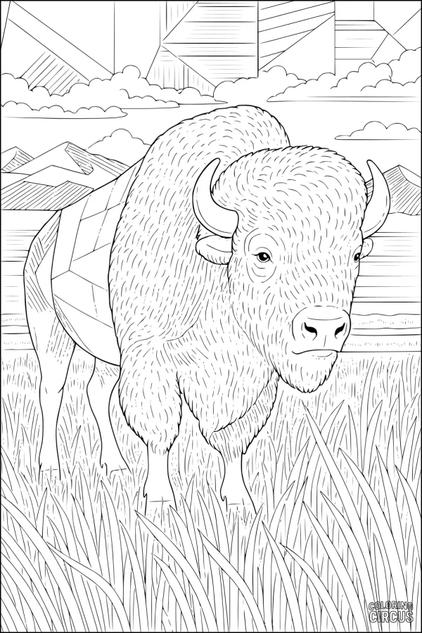 Coloring page of a buffalo in prairie grass with geometric mountains and clouds in the background