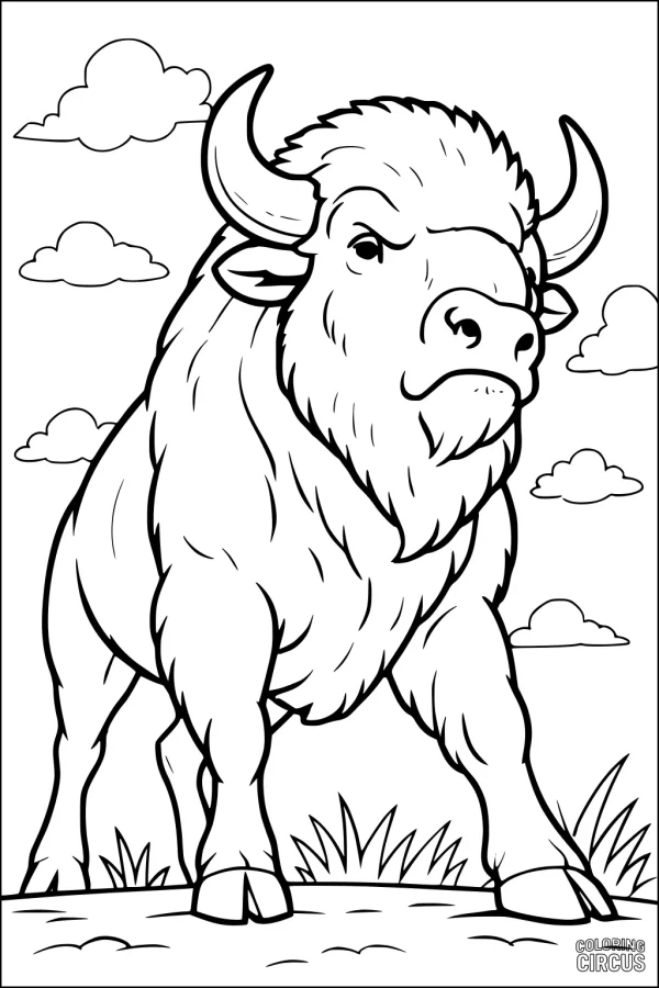 Coloring page showing a proud buffalo standing on grass with clouds in the sky