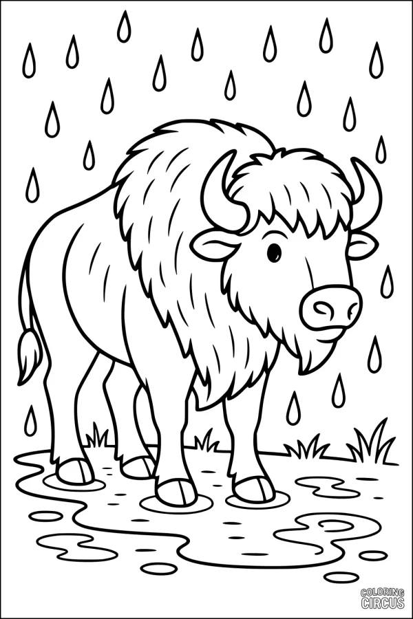 Coloring page showing a cute buffalo standing in the rain with puddles and grass around its feet