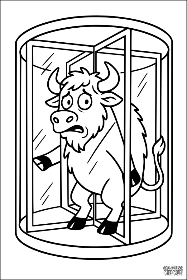 Coloring page of a cartoon buffalo looking surprised while standing in a revolving glass door.