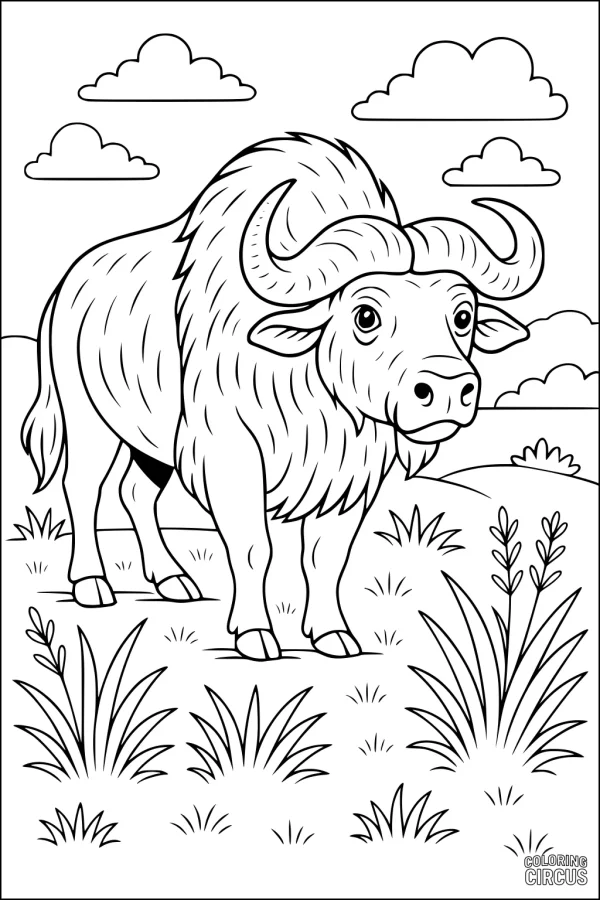 Coloring page with a friendly buffalo standing in grassy plains under a cloudy sky
