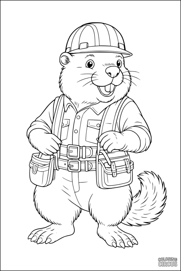 Coloring page of a cartoon beaver wearing a hard hat and tool belt, ready to build in the forest