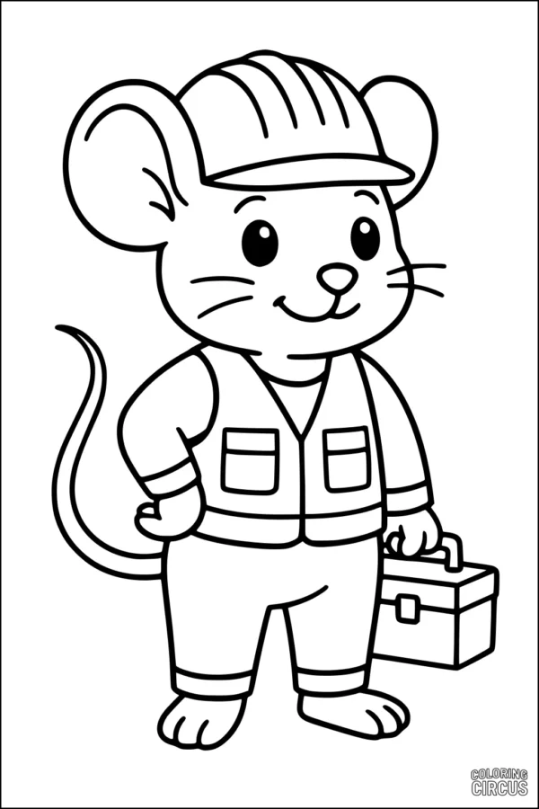 Coloring page of a cute mouse wearing a construction helmet and vest, holding a toolbox