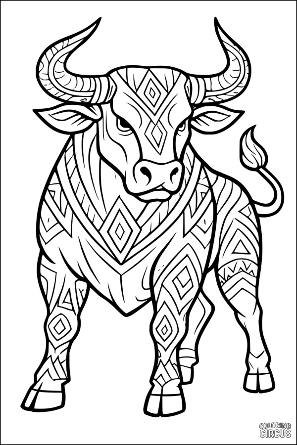 Coloring page featuring a bull with ornate diamond-shaped patterns on its body