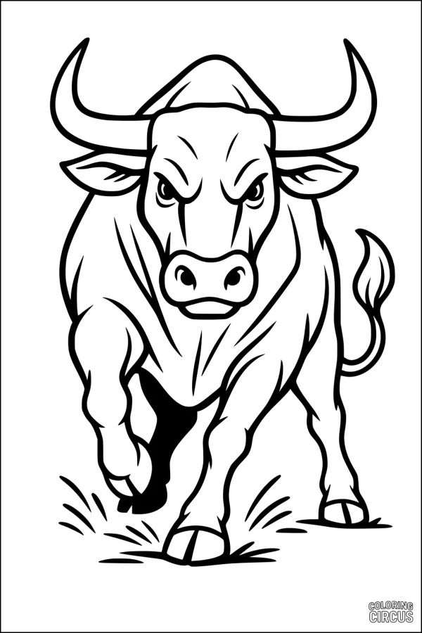 Coloring page of a powerful charging bull with large horns and expressive face
