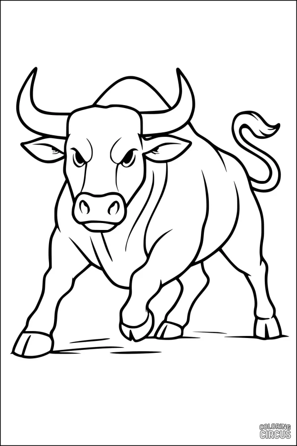 Coloring page of a strong bull with large horns facing forward, ready to charge