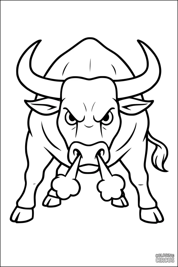 Coloring page of a cartoon bull snorting steam with large horns and a determined face