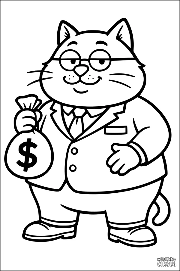 Coloring page of a cartoon cat in a suit holding a money bag, fun for kids