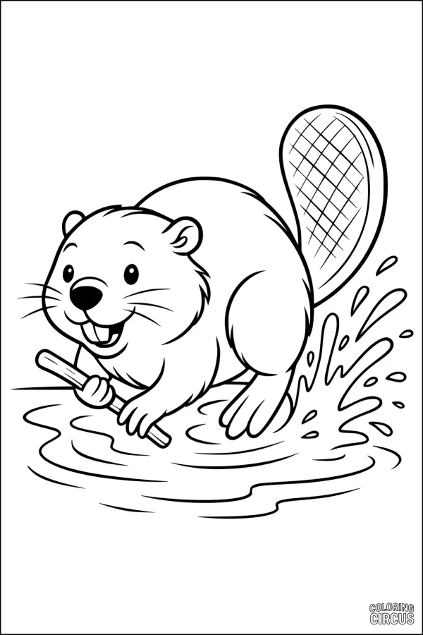 Coloring page of a cute beaver holding a stick by a river with splashes