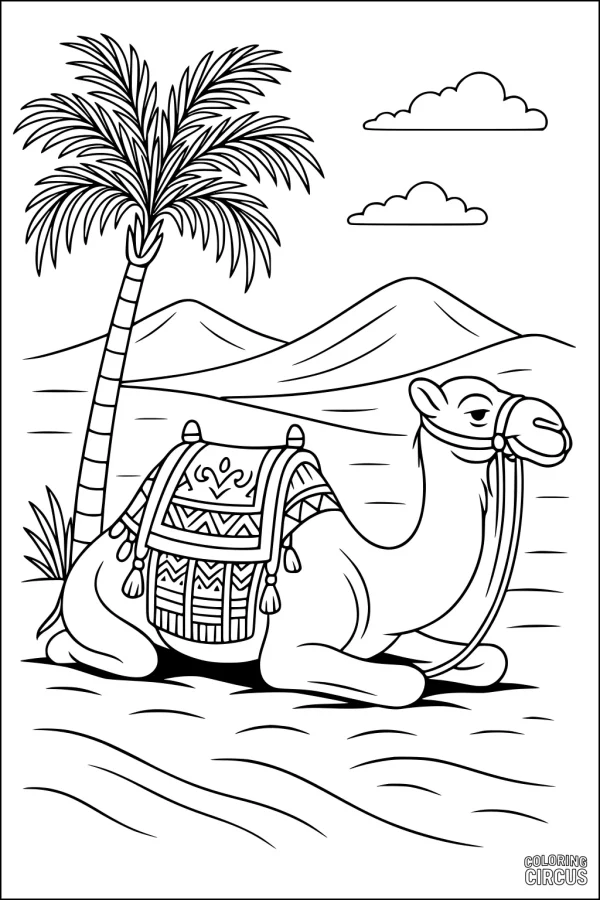 Coloring page featuring a sitting camel beneath a palm tree with mountains and clouds in a desert background.
