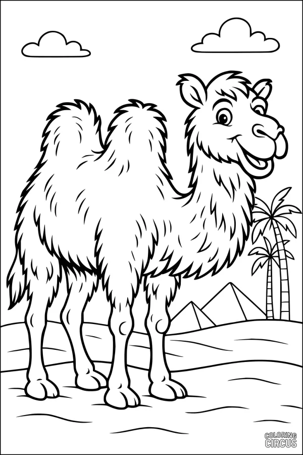 Coloring page showing a cartoon camel smiling in a desert with pyramids, palm trees, and clouds