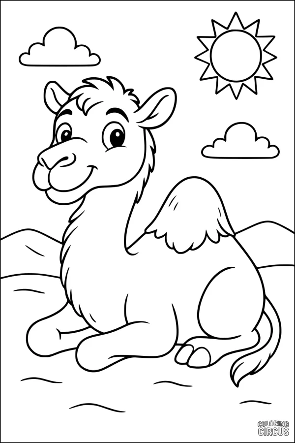 Coloring page featuring a cute cartoon camel sitting in a sunny desert with clouds and hills in the background