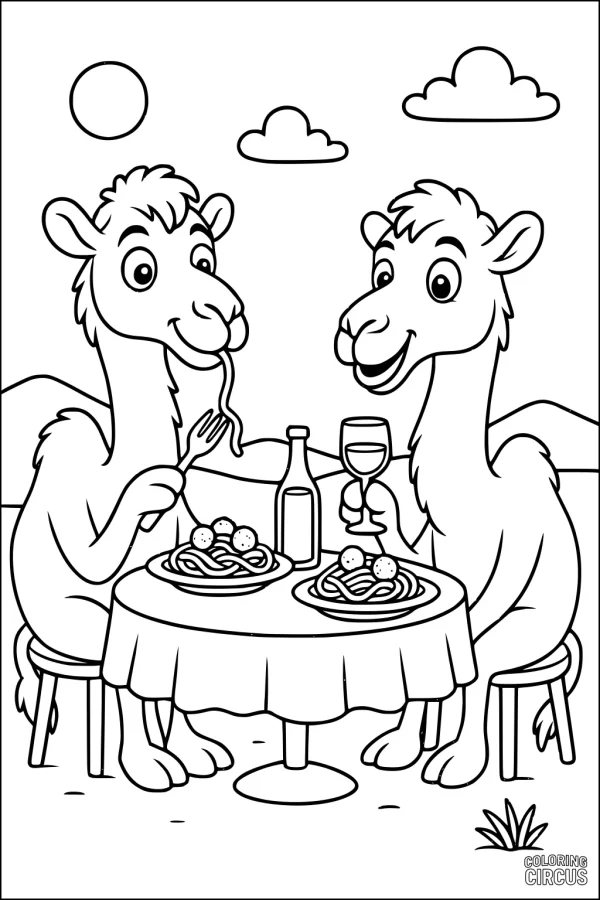 Coloring page showing two cartoon camels eating spaghetti together at a table in the desert under a sunny sky
