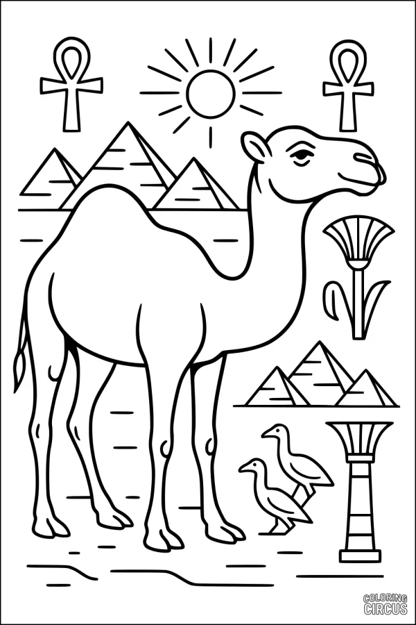 Coloring page featuring a camel with pyramids, sun, birds, and Egyptian symbols