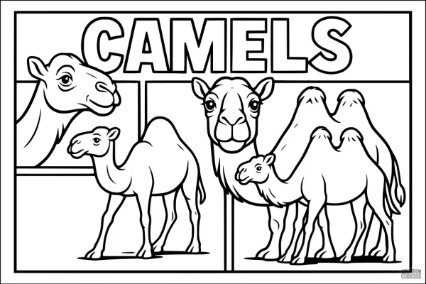 Coloring page featuring a family of cheerful camels with labeled sections for kids.