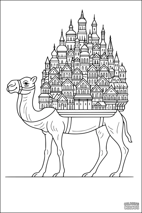 Coloring page of a camel carrying an intricate city of towers and buildings on its back