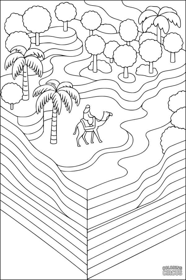 Coloring page featuring a camel and rider traveling through a layered desert oasis with palm trees and curvy hills