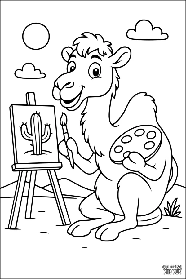 Coloring page of a friendly camel painting a cactus in the desert with sun and clouds