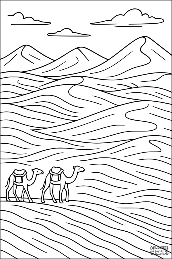 Coloring page showing two camels with saddles walking through wavy desert dunes and mountains under a cloudy sky