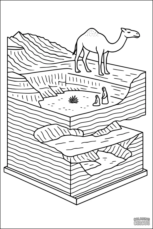 Coloring page showing a camel on layered desert rocks above explorers and an oasis
