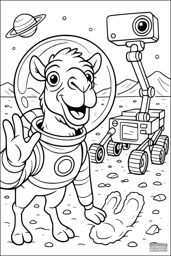 Coloring page shows a cartoon camel in a space suit waving on a rocky planet, with a robot rover and a planet in the sky
