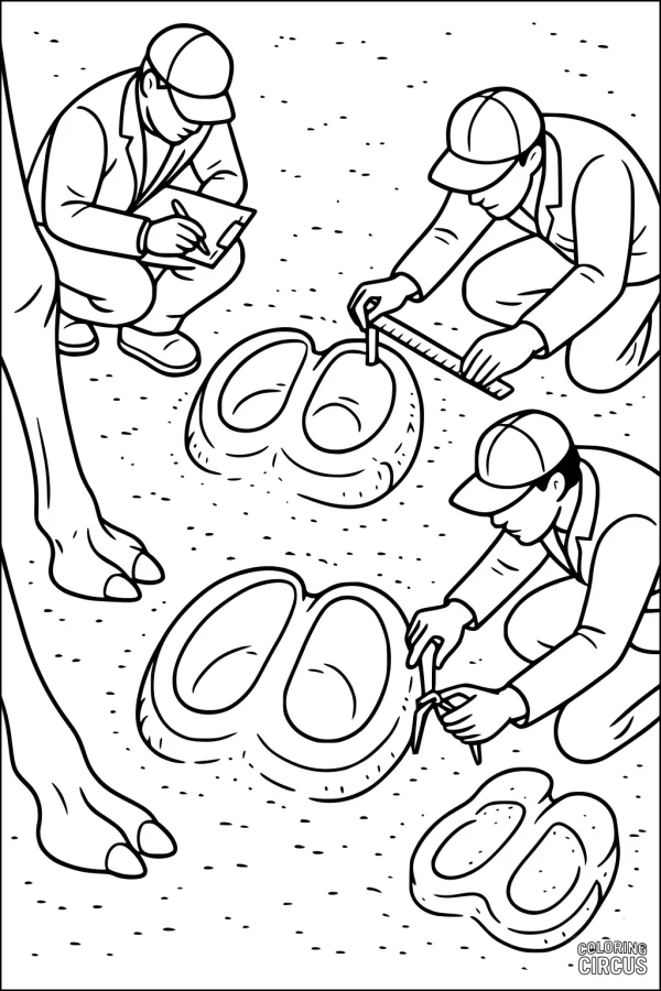 Coloring page showing scientists studying and measuring camel footprints in sand with part of a camel leg