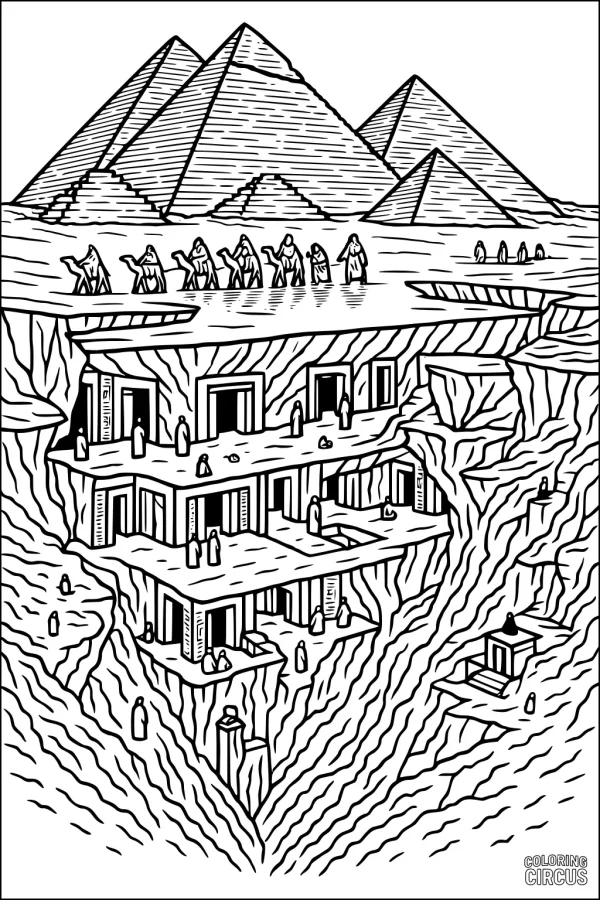 Coloring page featuring camels walking near Egyptian pyramids with detailed underground structures