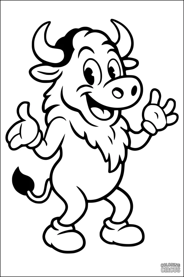 Coloring page cartoon bison with cheerful expression, friendly pose, and simple outlines for young children