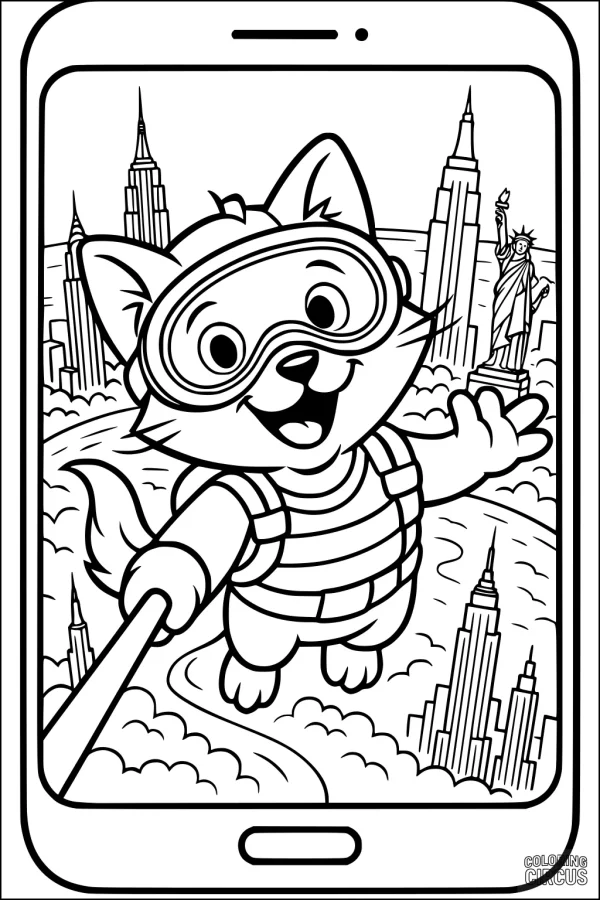 Coloring page of a cheerful cartoon cat taking a selfie above a city skyline with skyscrapers and Statue of Liberty.